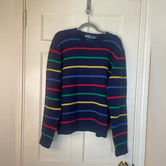 Polo Ralph Lauren Sweater Navy Striped Lambswool Sz XL Colorful Preppy Vintage - Picture 6 of 6